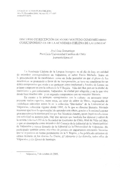 discurso de recepción de Ennio Moltedo como miembro correspondiente de la Academia Chilena de la Lengua