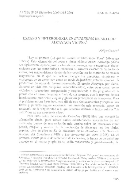 Esceso y heterodoxia en Entredios de Arturo Alcayaga Vicuña