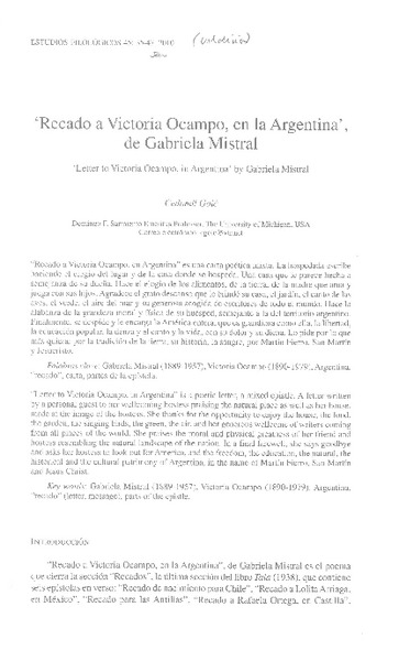 "Recado a Victoria Ocampo, en la Argentina", de Gabriela Mistral