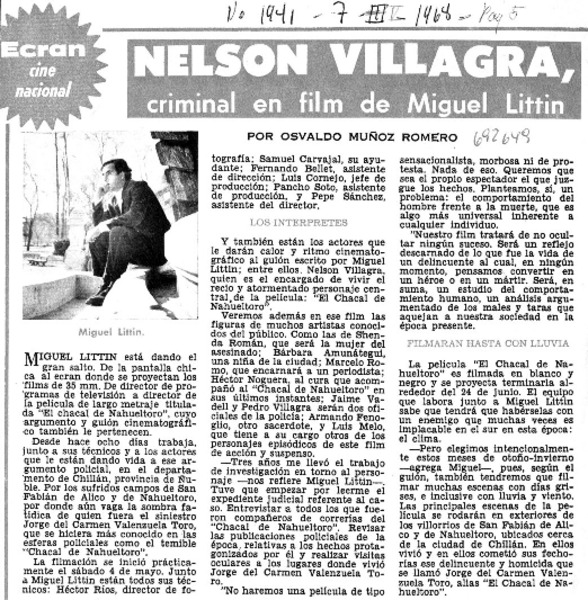 Nelson Villagra, criminal en film de Miguel Littin