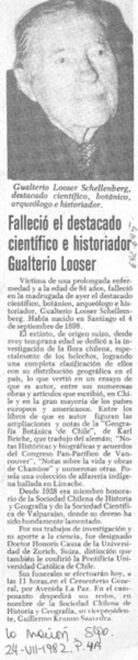 Falleció el destacado científico e historiador Gualterio Looser.