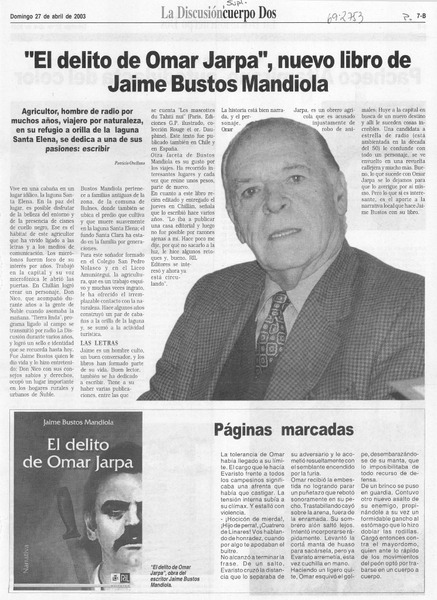 "El delito de Omar Jarpa", nuevo libro de Jaime Bustos Mandiola