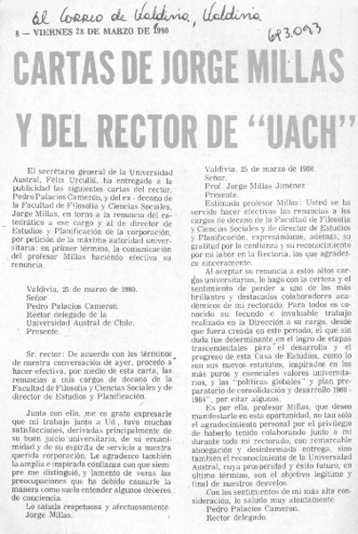 Cartas de Jorge Millas y del rector de "UACH".