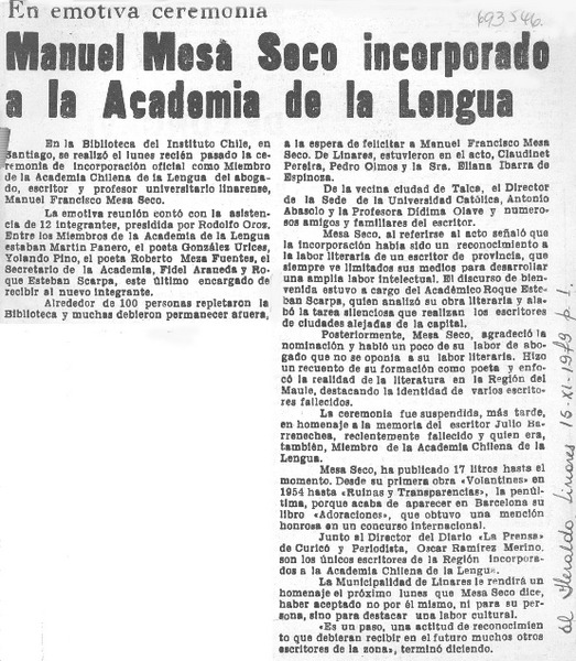 Manuel Mesa Seco incorporado a la Academia de la Lengua.