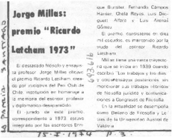 Jorge Millas: premio "Ricardo Latcham 1973".