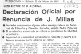 Declaración oficial por renuncia de J. Millas