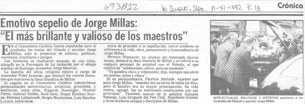 Emotivo sepelio de Jorge Millas, "el más brillante y valioso de los maestros".
