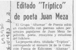 Editado "Tríptico" de poeta Juan Meza.