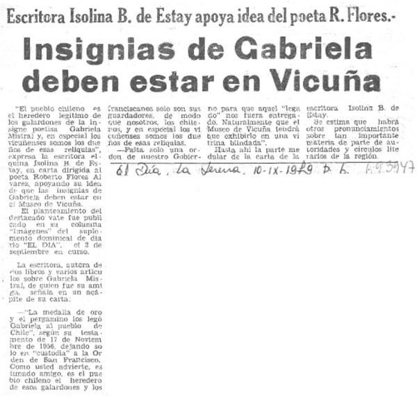 Insignias de Gabriela Mistral deben estar en Vicuña.
