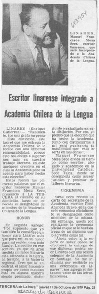 Escritor linarense integrado a Academia Chilena de la Lengua