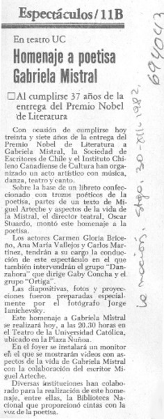 Homenaje a poetisa Gabriela Mistral.