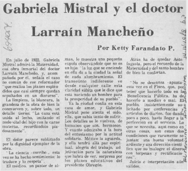 Gabriela Mistral y el doctor Larraín Mancheño
