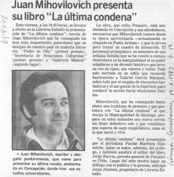 Juan Mihovilovich presenta su libro "La última condena".