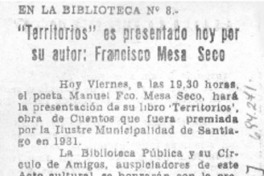 "Territorios" es presentado hoy por su autor: Francisco Mesa Seco.