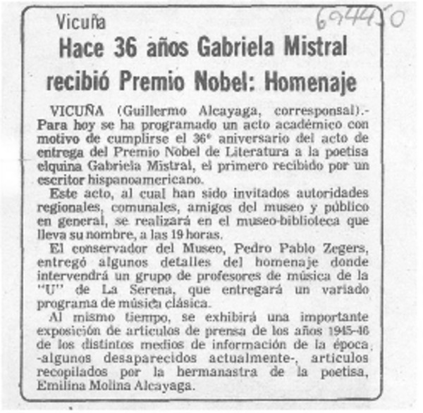 Hace 36 años Gabriela Mistral recibió premio novel: homenaje.