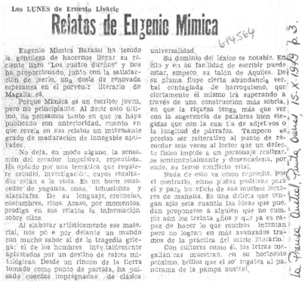 Relatos de Eugenio Mimica.