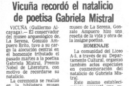 Vicuña recordó el natalicio de poetisa Gabriela Mistral