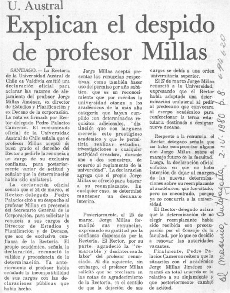 Explican el despido de profesor Millas.