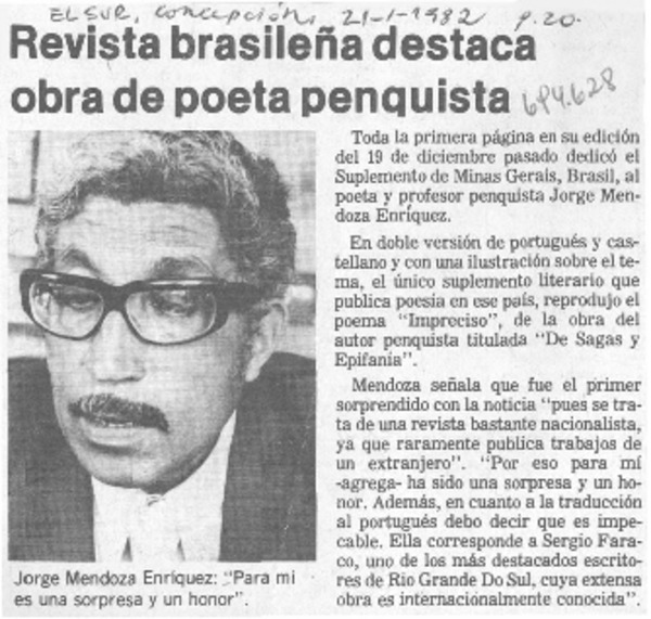 Revista brasileña destaca obra de poeta penquista.