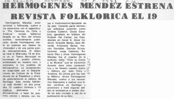 Hermógenes Méndez estrena revista folklórica el 19.