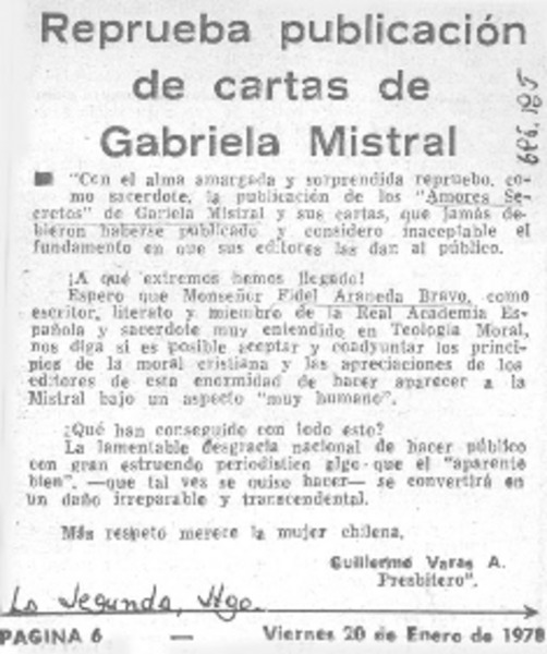 Reprueba publicación de cartas de Gabriela Mistral