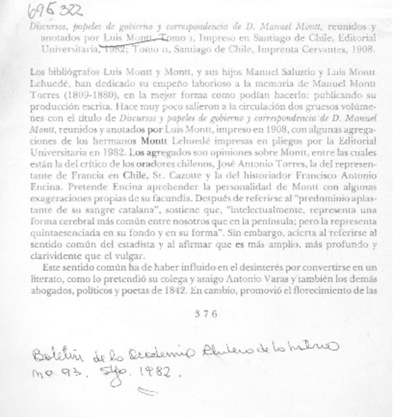 Discursos, papeles de gobierno y correspondencia de D. Manuel Montt