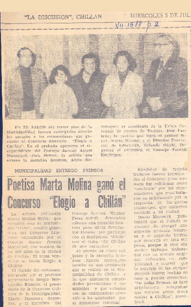 Poetisa Marta Molina ganó el concurso "Elogio a Chillán".