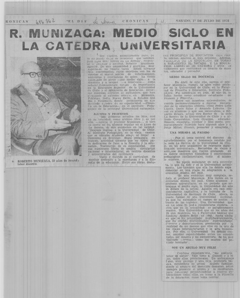 R. Munizaga: medio siglo en la cátedra universitaria.