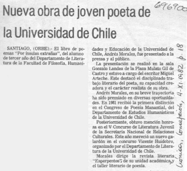Nueva obra de joven poeta de la Universidad de Chile.