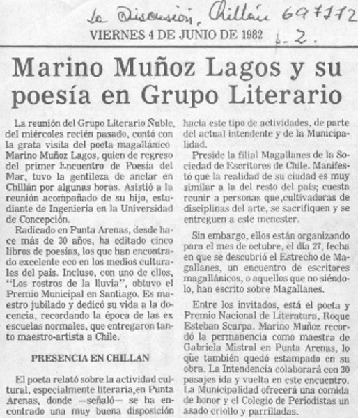 Marino Muñoz Lagos y su poesía en Grupo Literario.