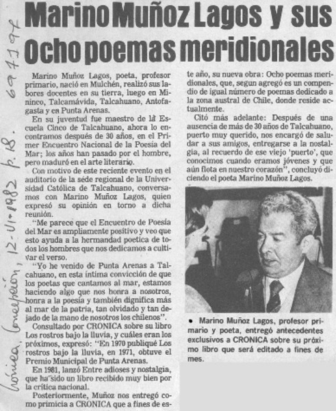 Marino Muñoz Lagos y sus ochos poemas meridionales.