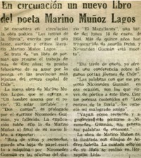 En circulación un nuevo libro del poeta Marino Muñoz Lagos.