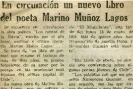 En circulación un nuevo libro del poeta Marino Muñoz Lagos.