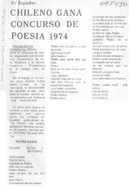 Chileno gana concurso de poesía 1974.
