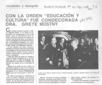 Con la orden "Educación y Cultura" fue condecorada Dra. Grete Motsny.