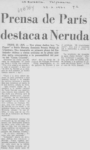 Prensa de París destaca a Neruda.