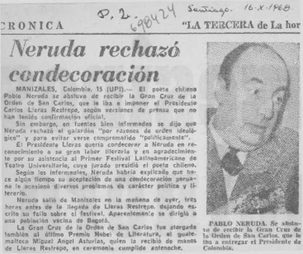 Neruda rechazó condecoración.