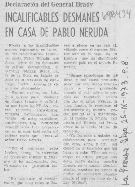 Incalificables desmanes en casa de Pablo Neruda.