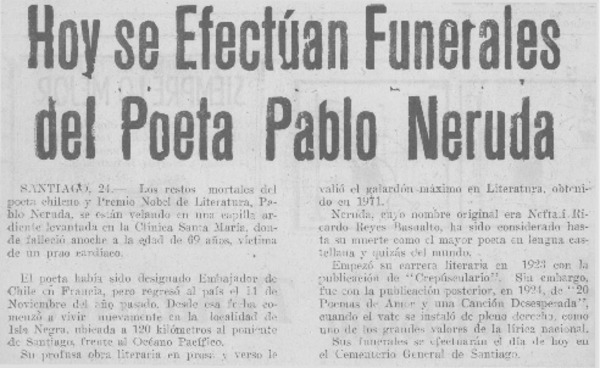 Hoy se efectúan funerales del poeta Pablo Neruda.