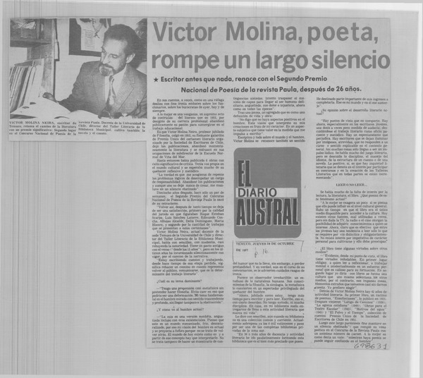 Víctor Molina, poeta, rompe un largo silencio: [entrevista]