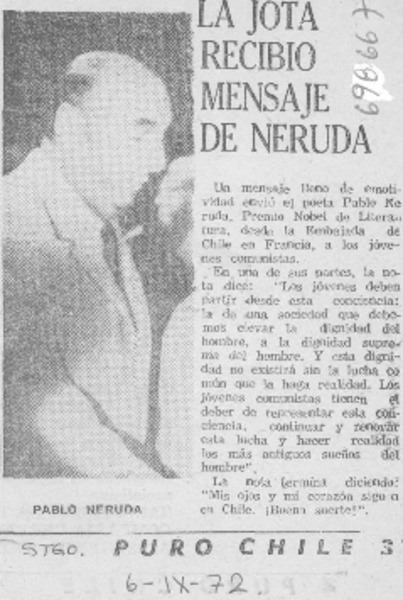La Jota recibió mensaje de Neruda.