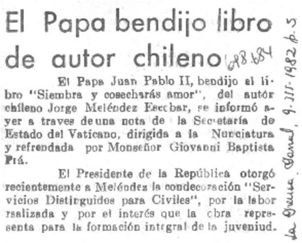 El Papa bendijo libro de autor chileno.