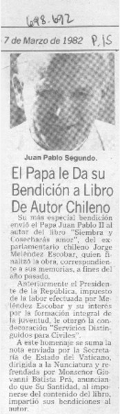 El Papa le da su bendición a libro de autor chileno.