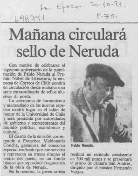 Mañana circulará sello de Neruda.