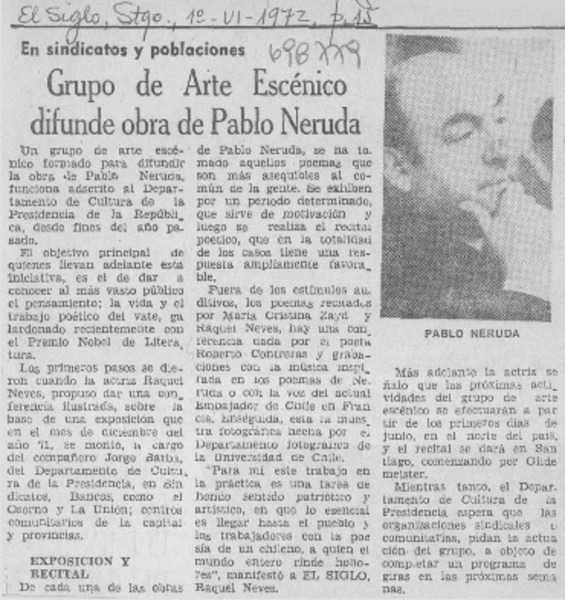 Grupo de Arte Escénico difunde obra de Pablo Neruda.