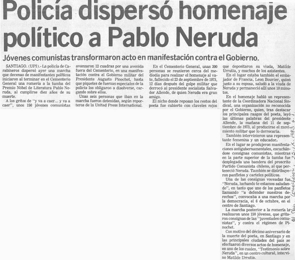 Policía dispersó homenaje político a Pablo Neruda.