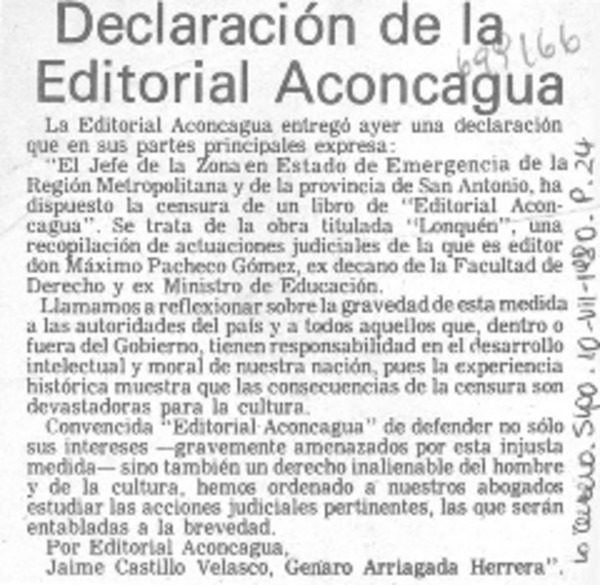 Declaración de la editorial Aconcagua.