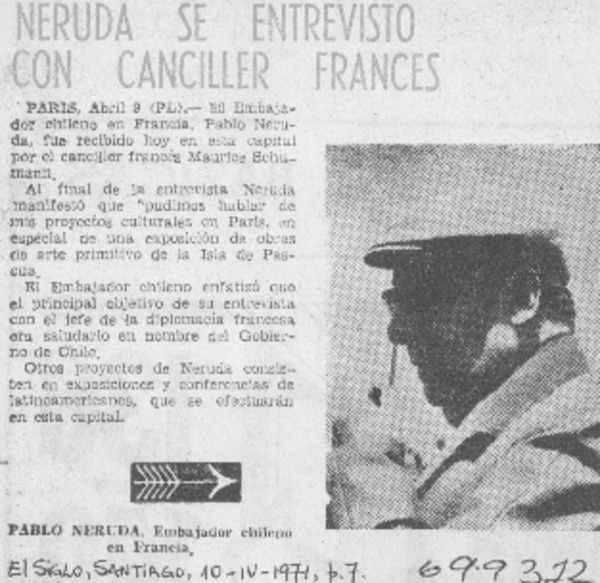 Neruda se entrevistó can canciller francés.