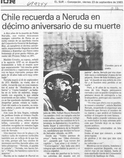 Chile recuerda a Neruda en décimo aniversario de su muerte.