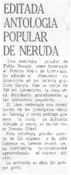 Editada antología popular de Neruda.
